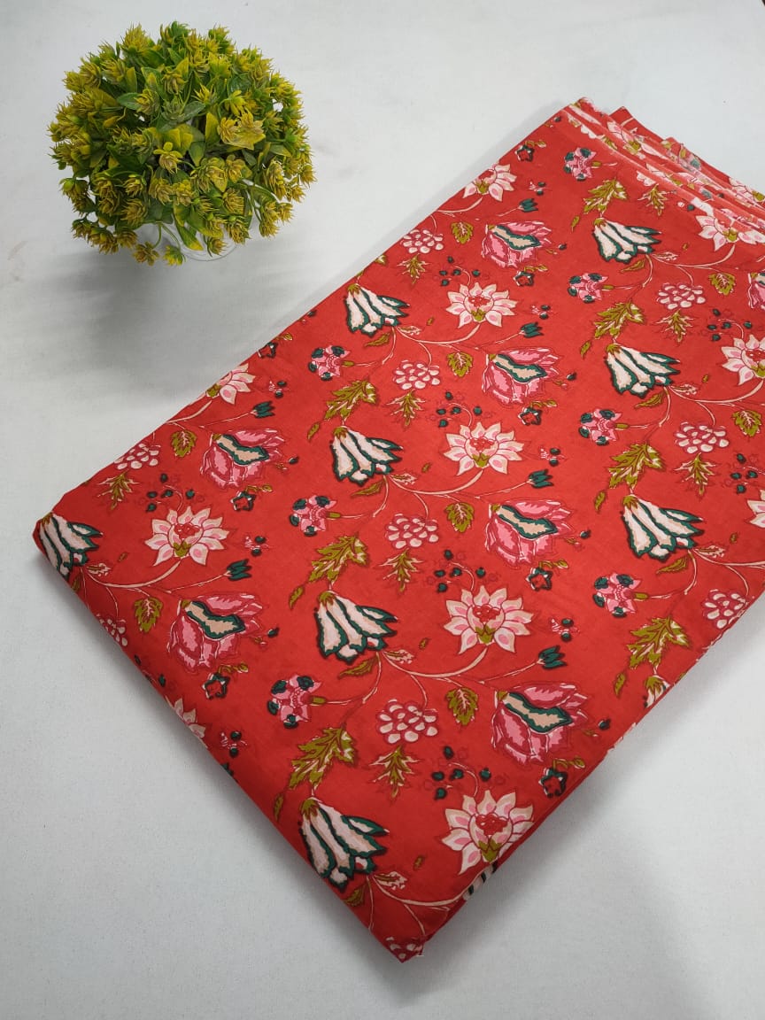 Red Floral Screen Print Pure Cotton Fabric From Tulsi Prints