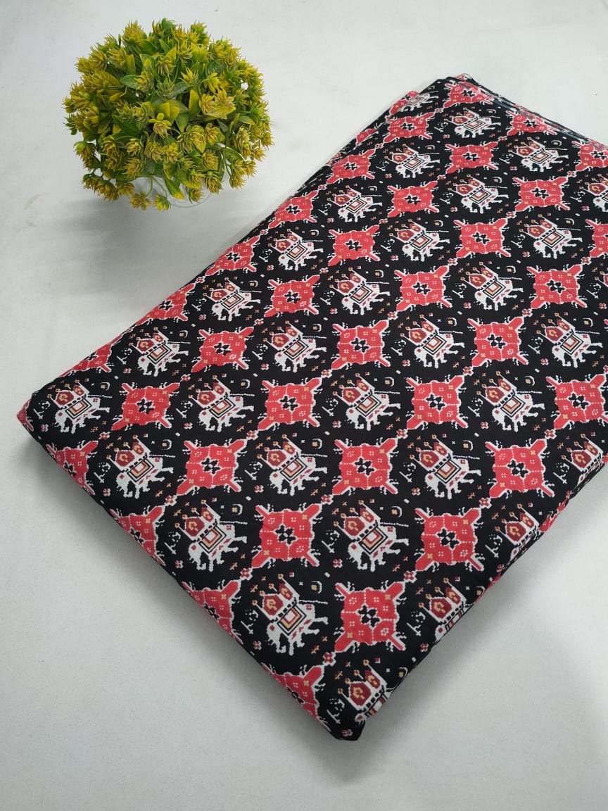 Black Red Geometric Screen Print Pure Cotton Fabric From Tulsi Prints