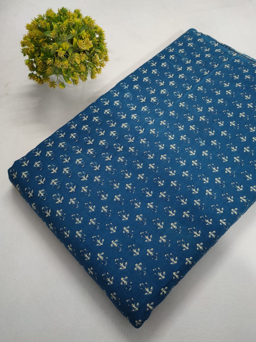Navy Blue Floral Screen Print Pure Cotton Fabric From Tulsi Prints