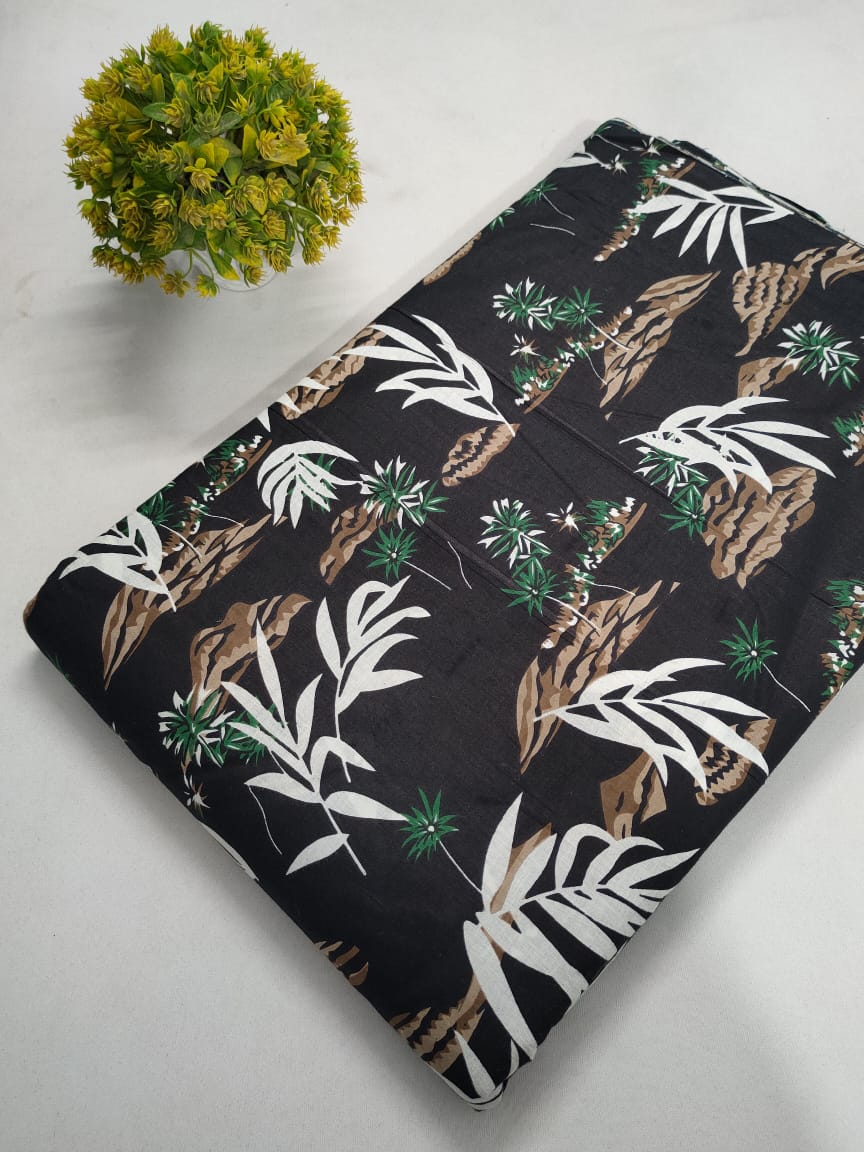 Black Leaf and Botanical Screen Print Pure Cotton Fabric From Tulsi Prints