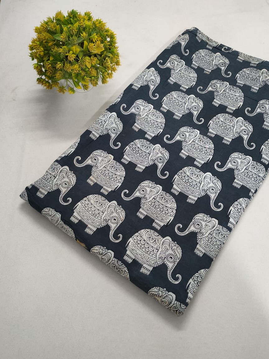Navy Blue Elephant Motif Screen Print Pure Cotton Fabric From Tulsi Prints