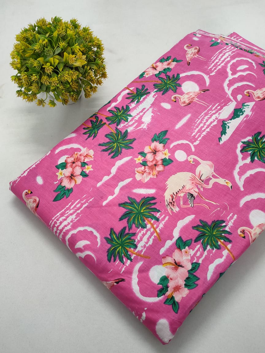 Pink Flamingo and Floral Screen Print Pure Cotton Fabric From Tulsi Prints