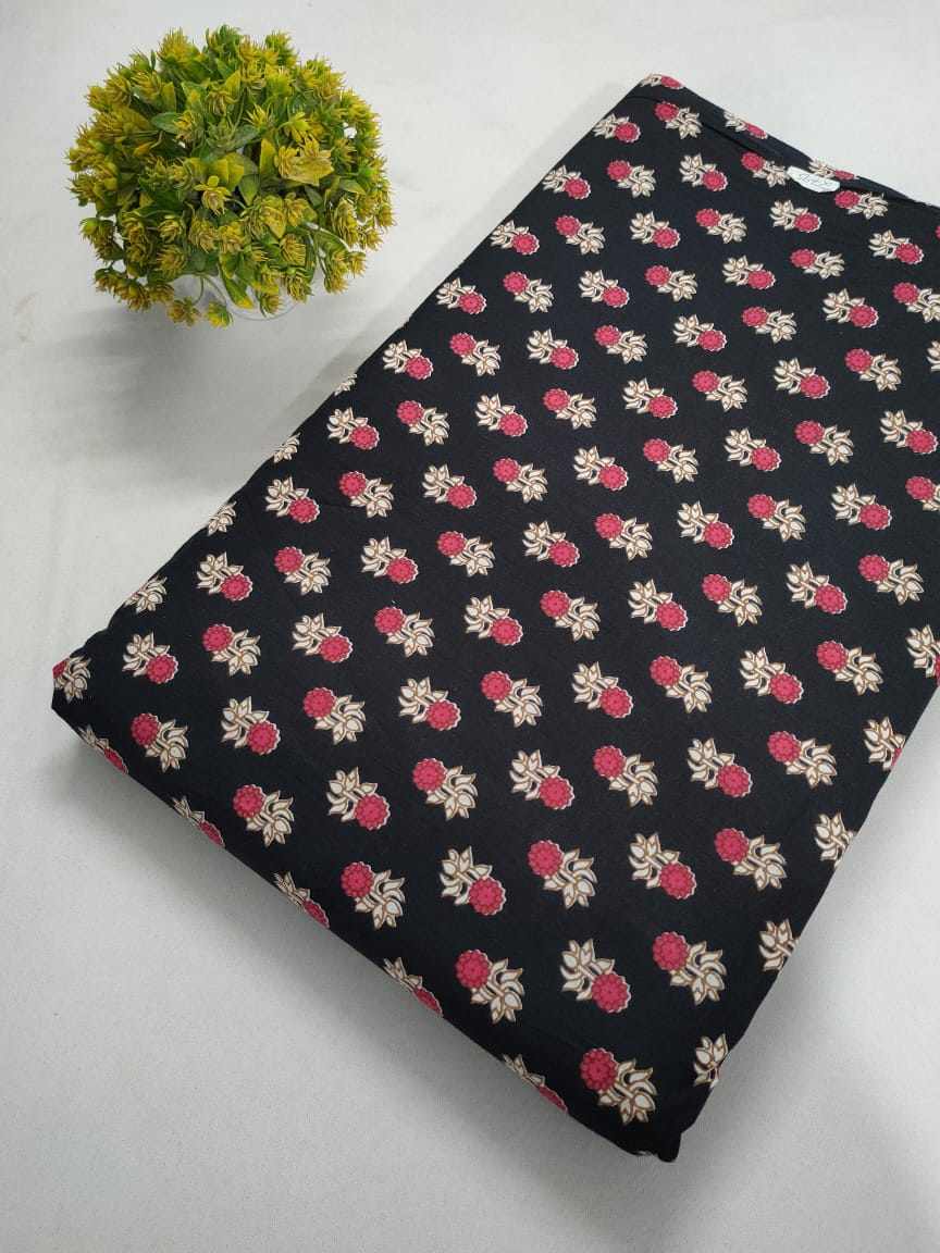 Black Floral Screen Print Pure Cotton Fabric From Tulsi Prints