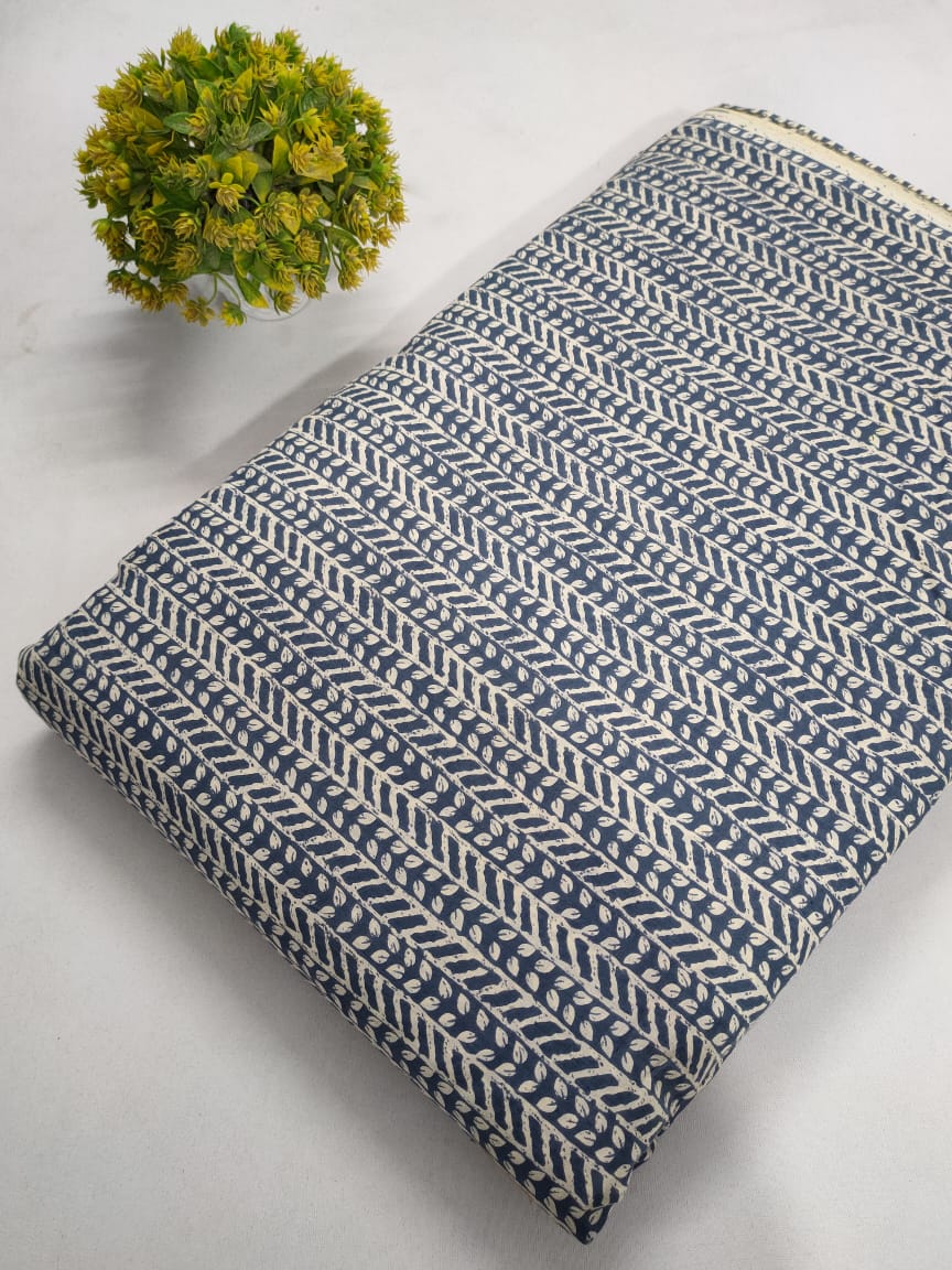 Navy Blue Leafy Vine Screen Print Pure Cotton Fabric From Tulsi Prints