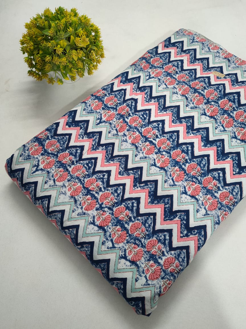 Navy Blue Zigzag Floral Screen Print Pure Cotton Fabric From Tulsi Prints
