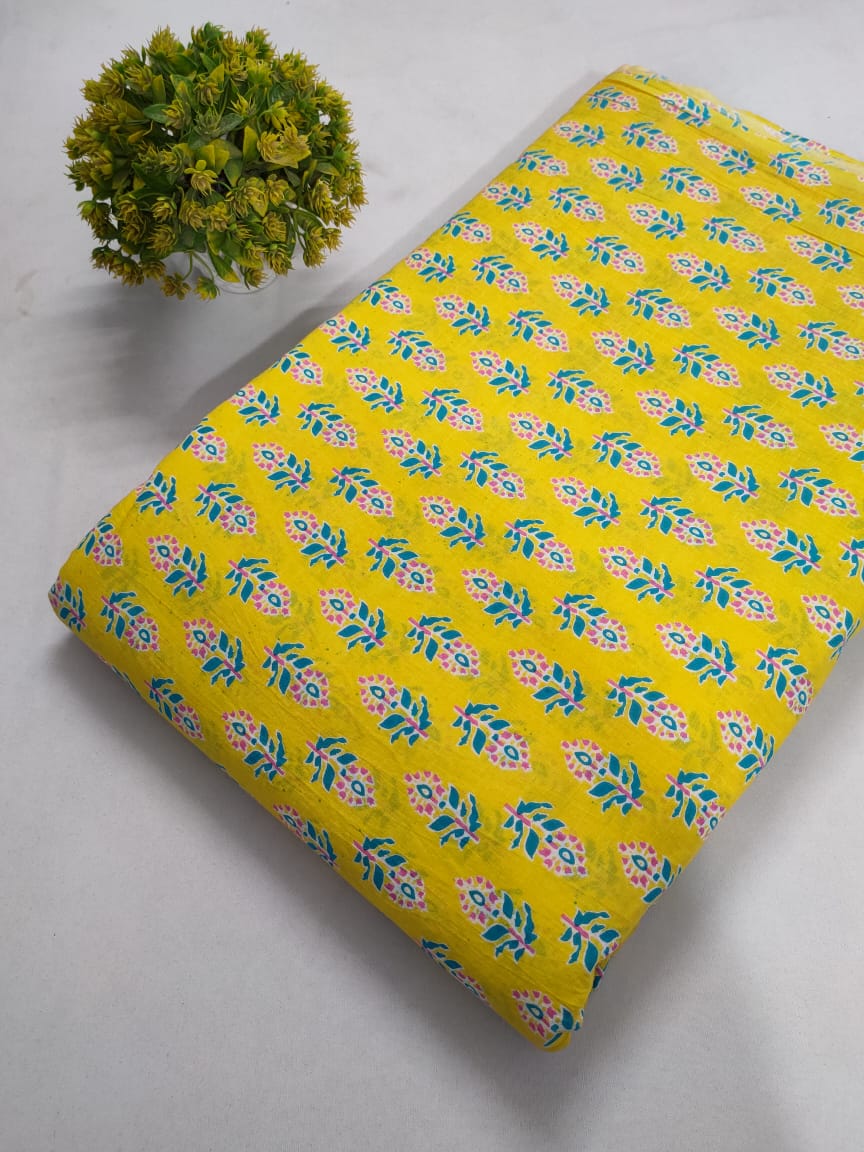 Yellow Floral Screen Print Pure Cotton Fabric From Tulsi Prints