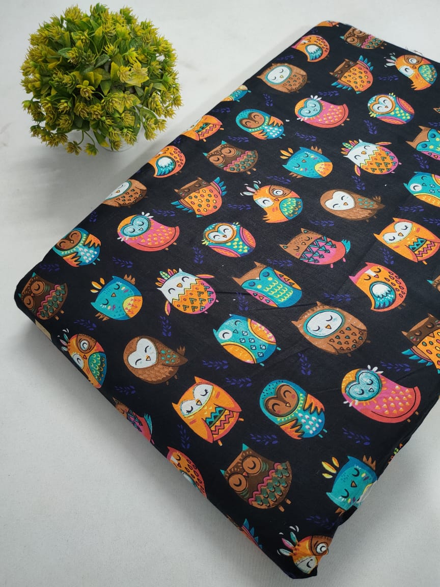 Multicolored Owl Motif Screen Print Pure Cotton Fabric From Tulsi Prints