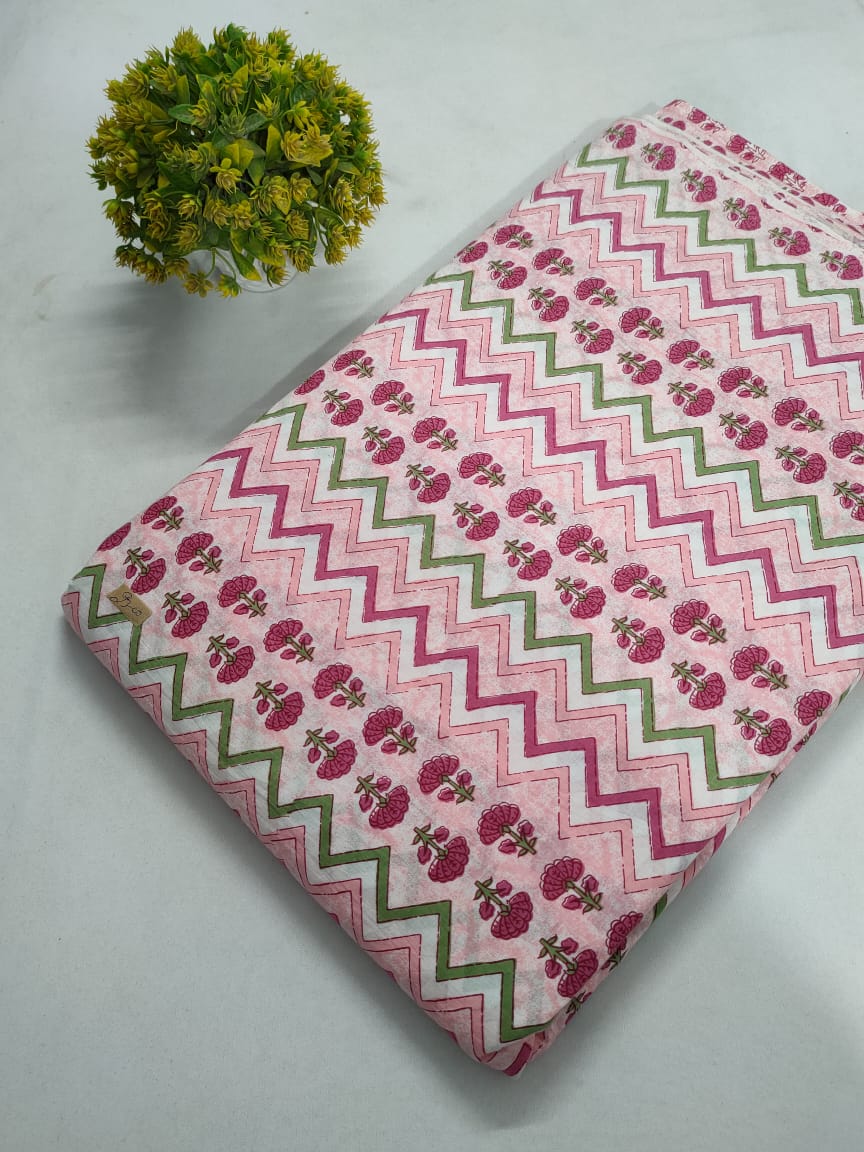 Pink Zigzag Floral Screen Print Pure Cotton Fabric From Tulsi Prints