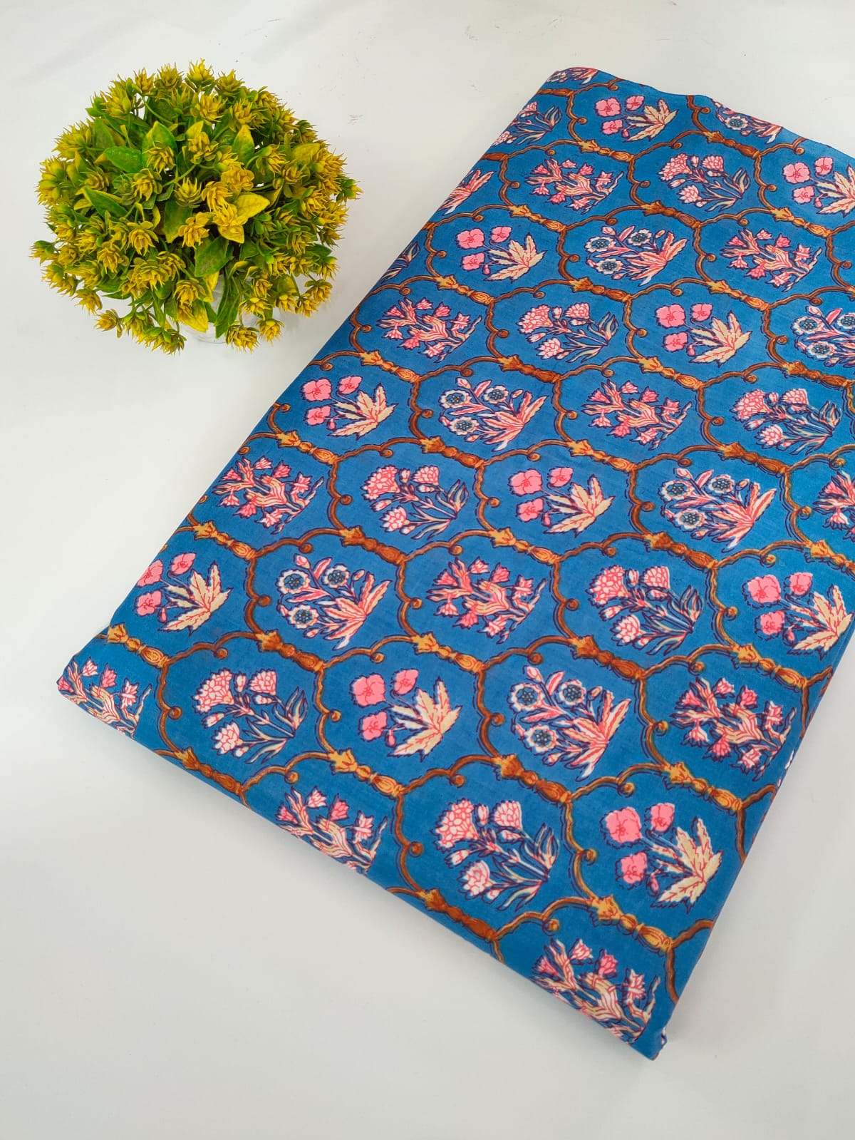 Blue Floral Screen Print Pure Cotton Fabric