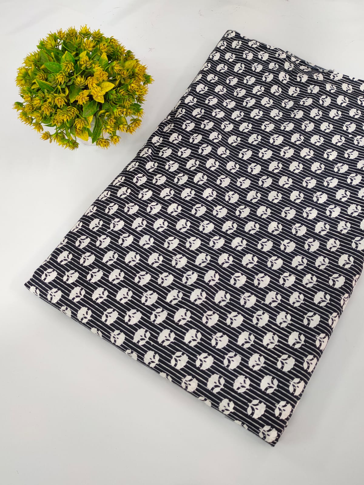 Navy Floral Screen Print Pure Cotton Fabric