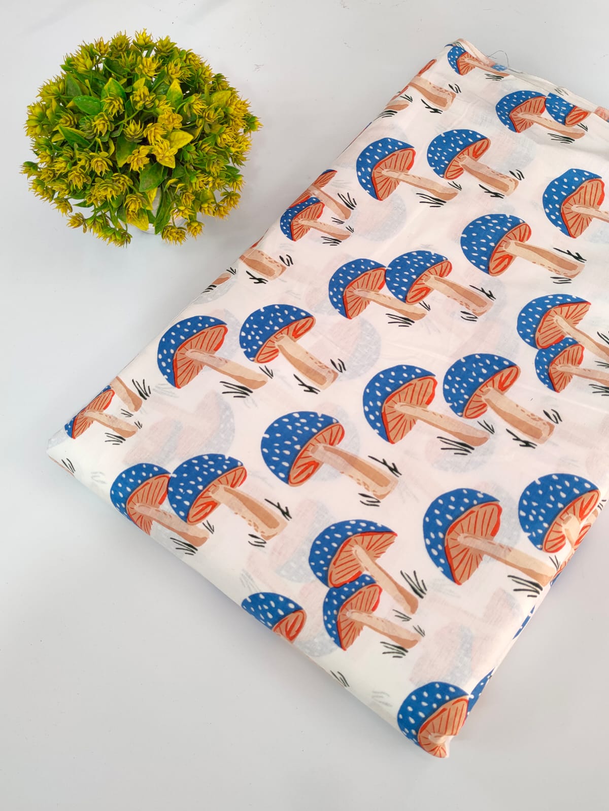 White Mushroom Print Screen Print Pure Cotton Fabric