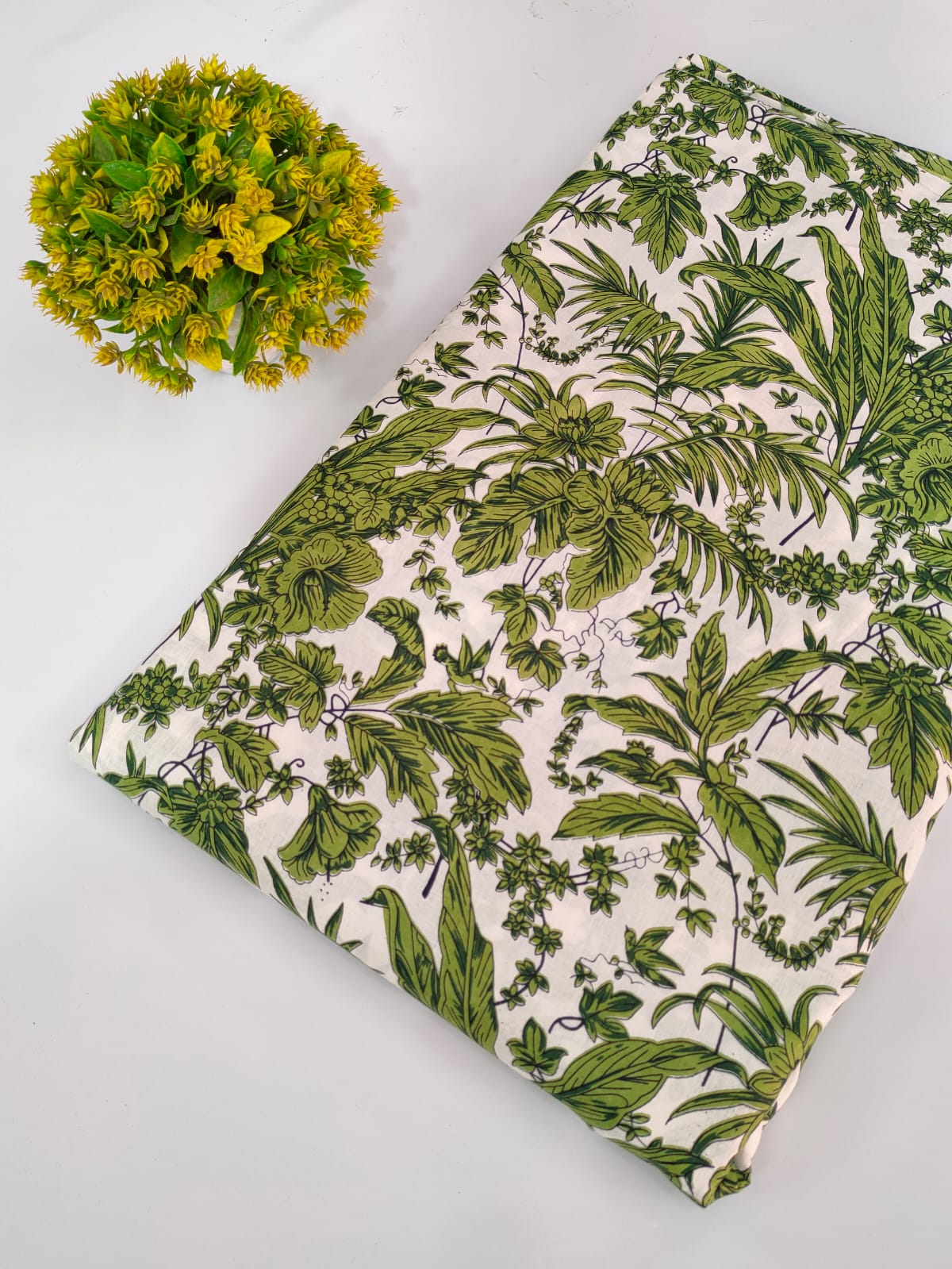 White Botanical Screen Print Pure Cotton Fabric