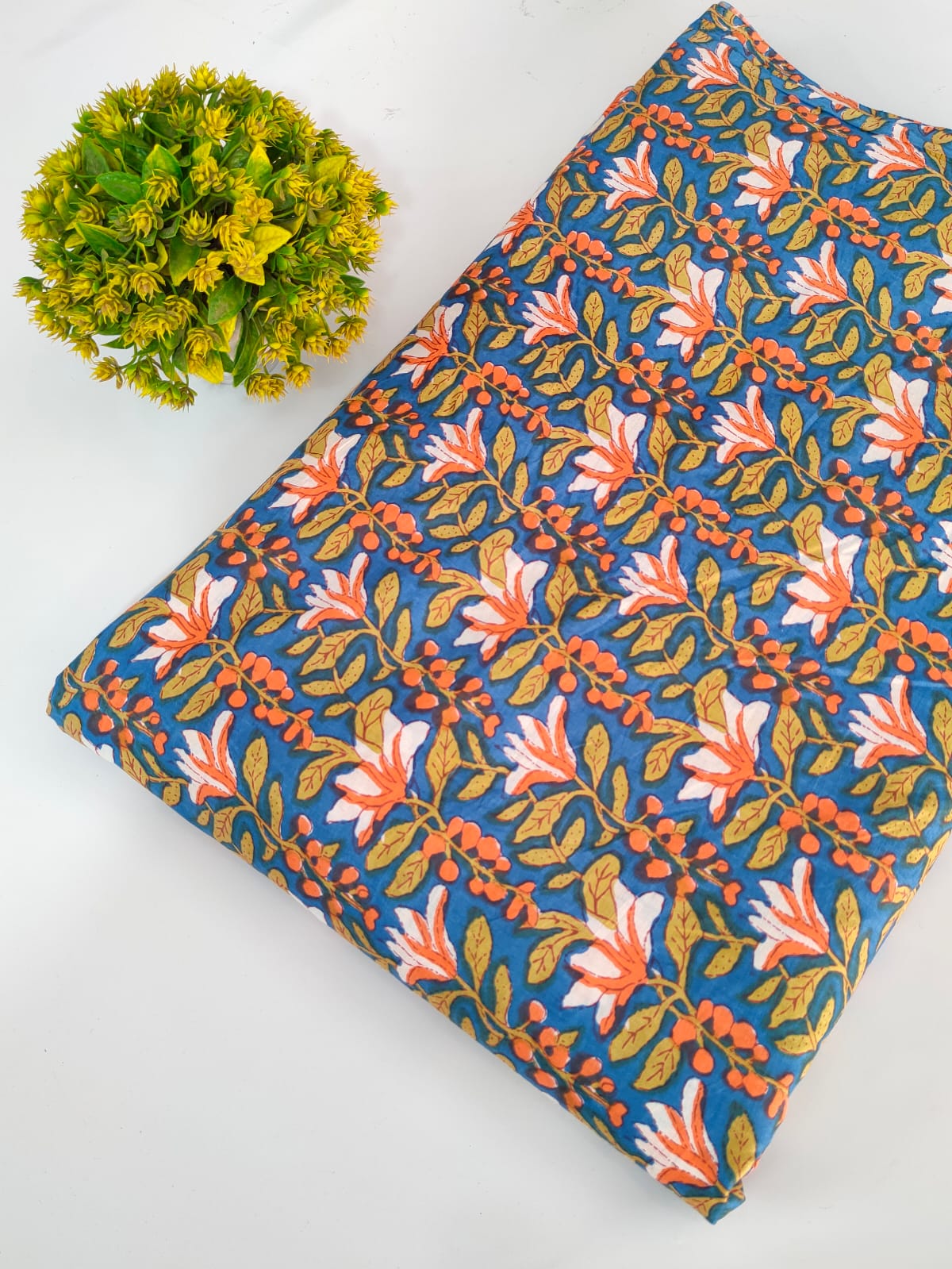 Blue Floral Screen Print Pure Cotton Fabric