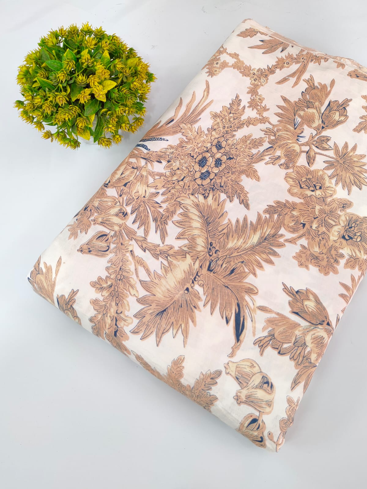 Peach Floral Screen Print Pure Cotton Fabric