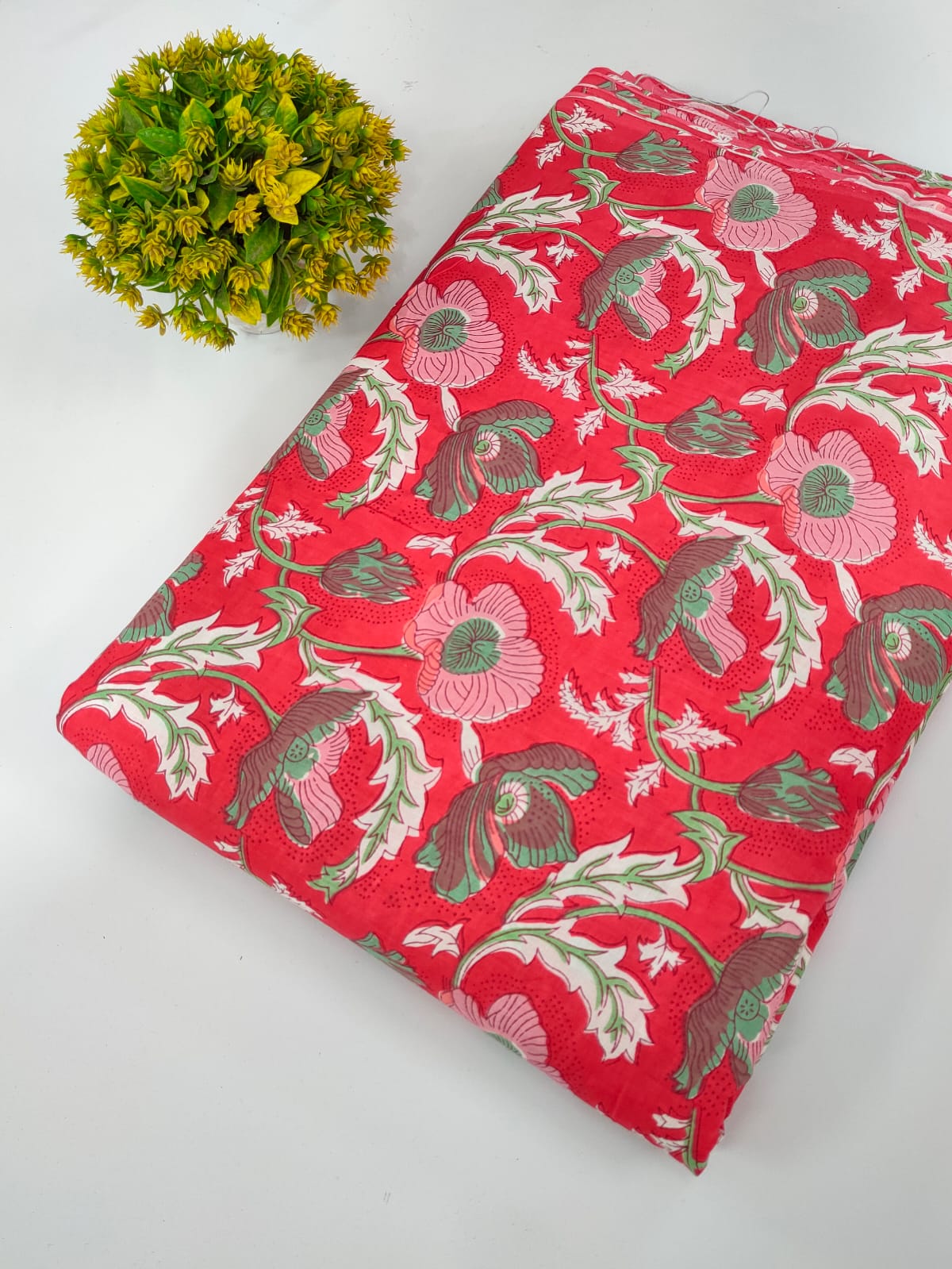 Red Floral Screen Print Pure Cotton Fabric