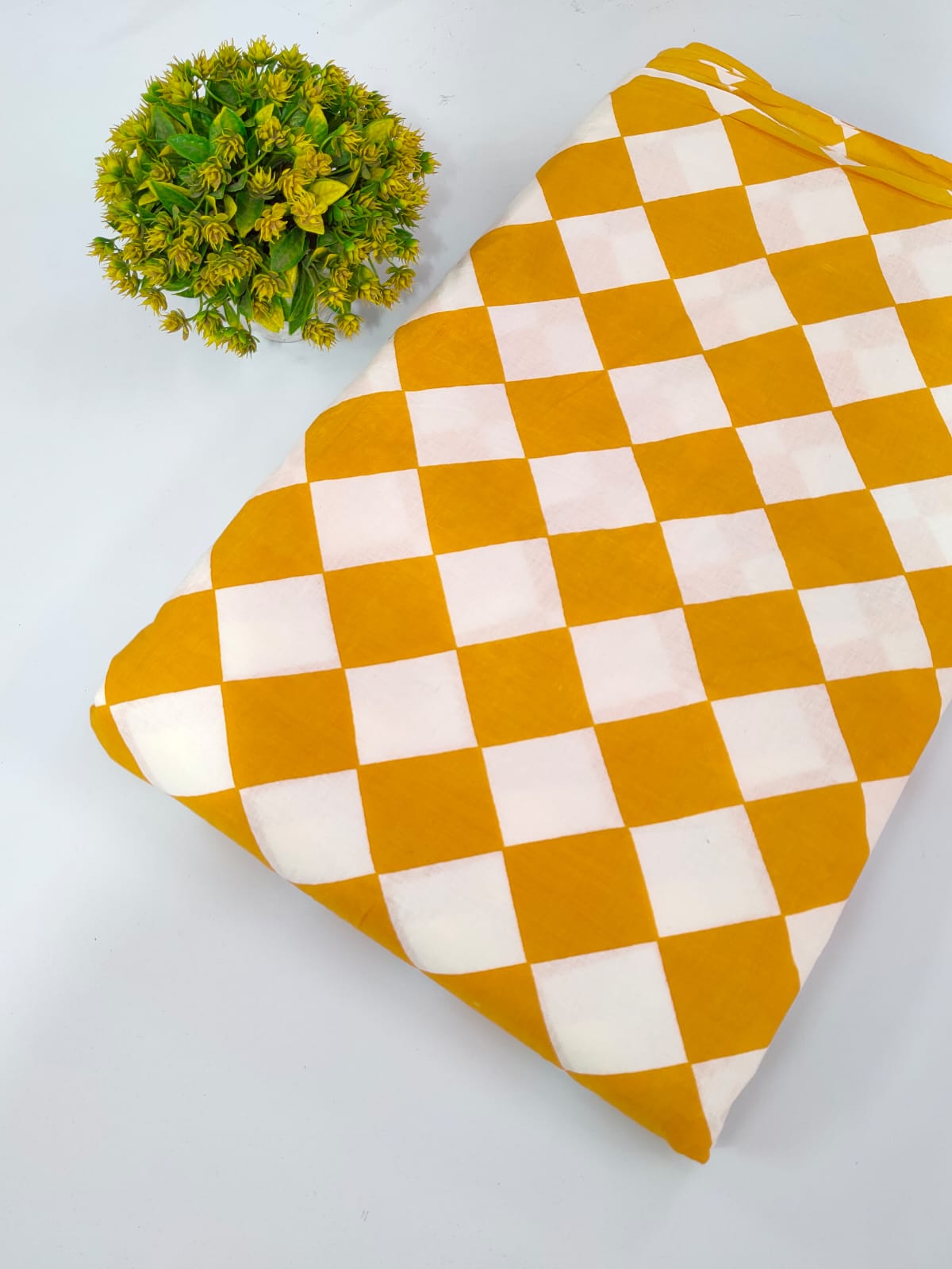Yellow Checkered Screen Print Pure Cotton Fabric