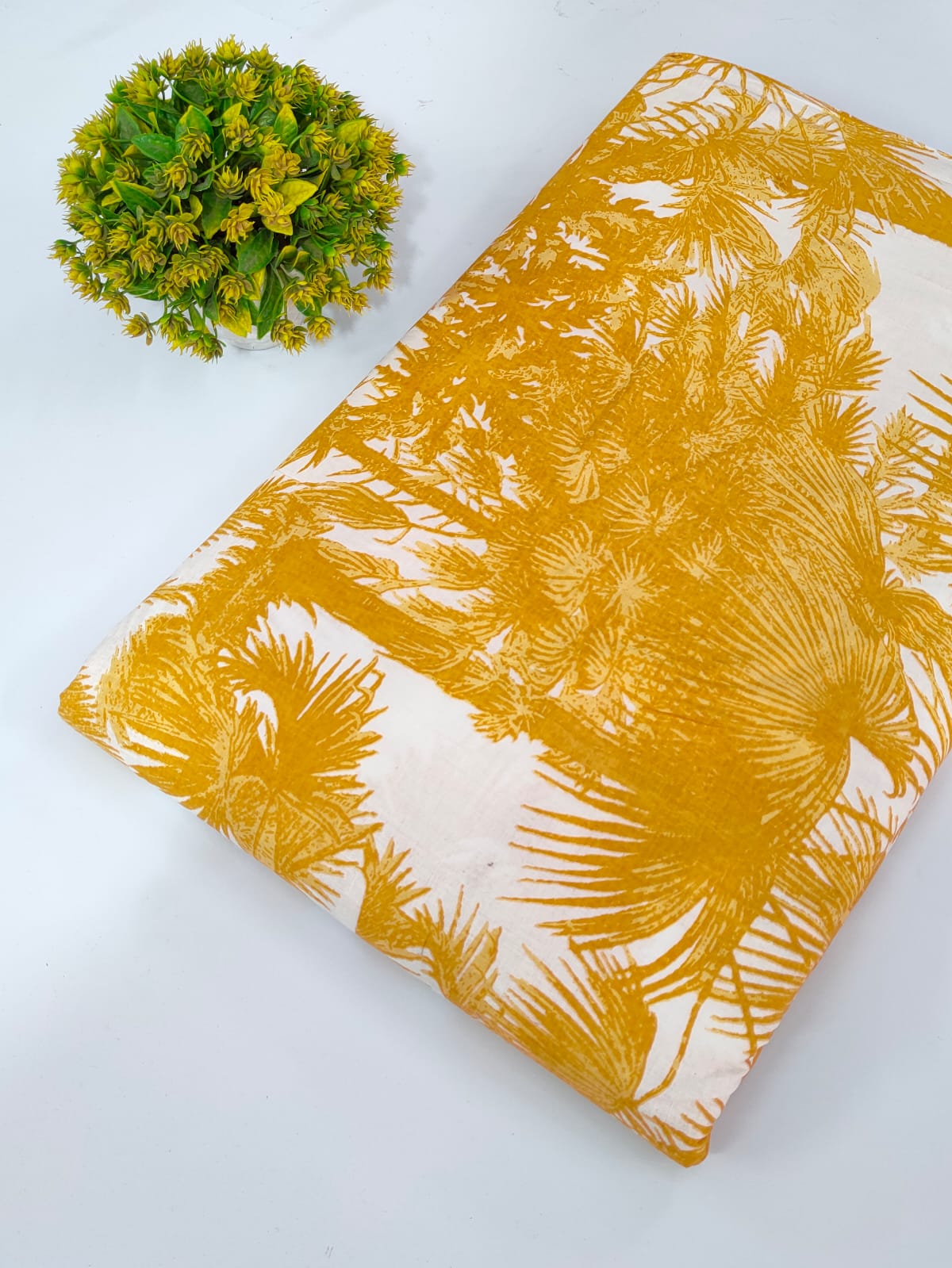 Mustard Botanical Screen Print Pure Cotton Fabric