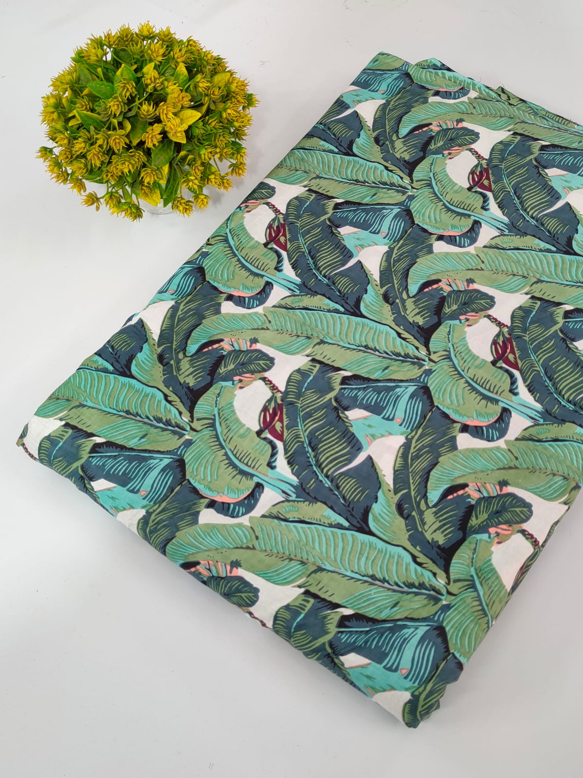 Green Tropical Leaf Screen Print Pure Cotton Fabric