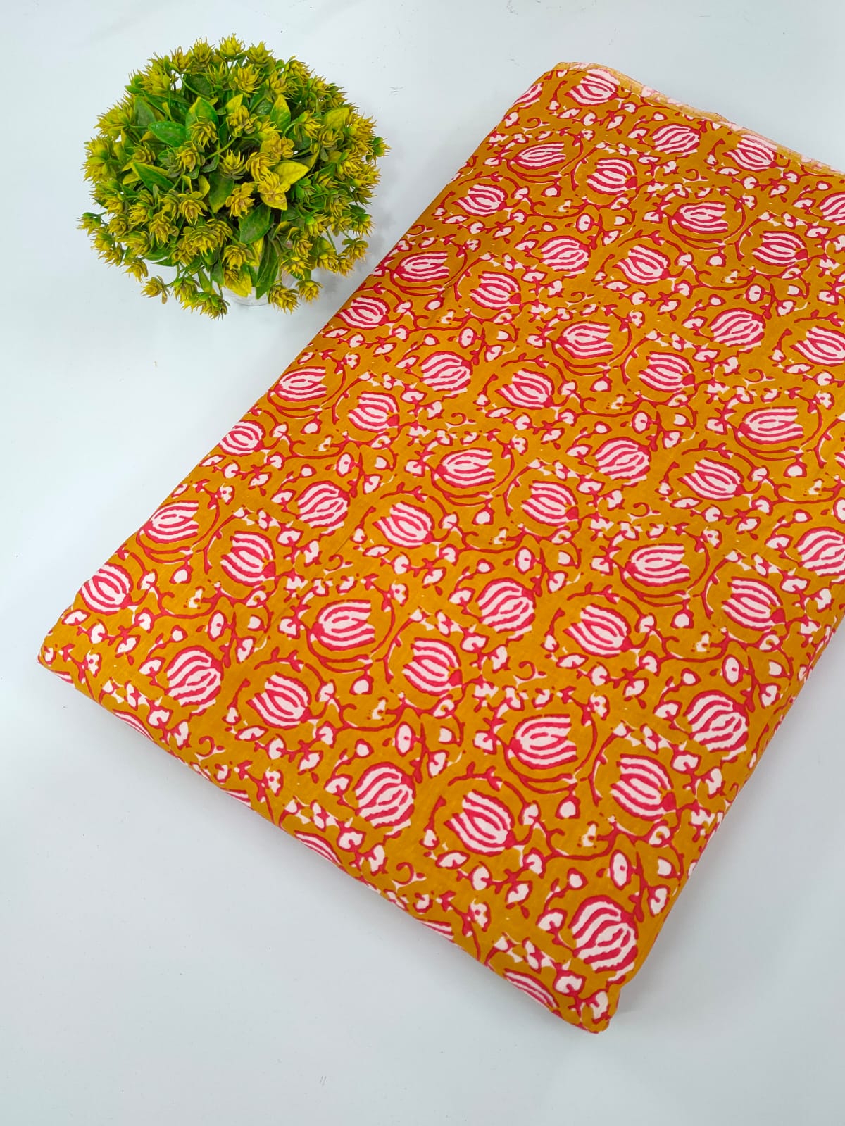 Mustard Floral Screen Print Pure Cotton Fabric