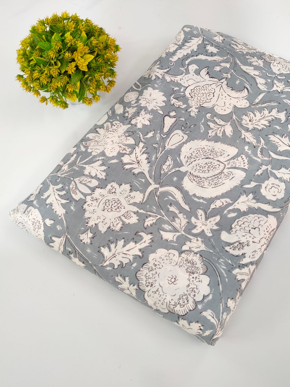 Grey Floral Screen Print Pure Cotton Fabric