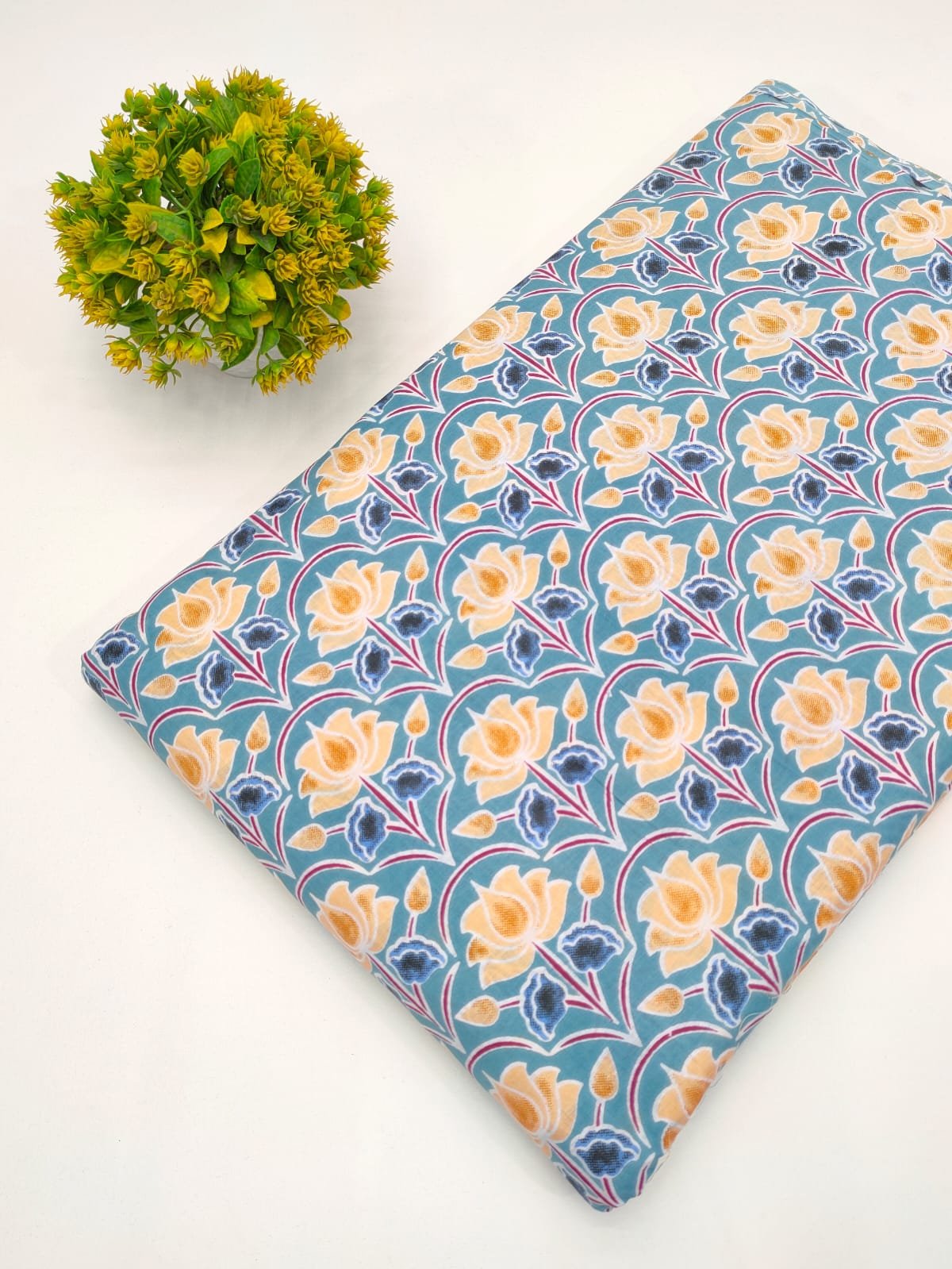 Sky Blue Floral Screen Print Pure Cotton Fabric From Tulsi Prints