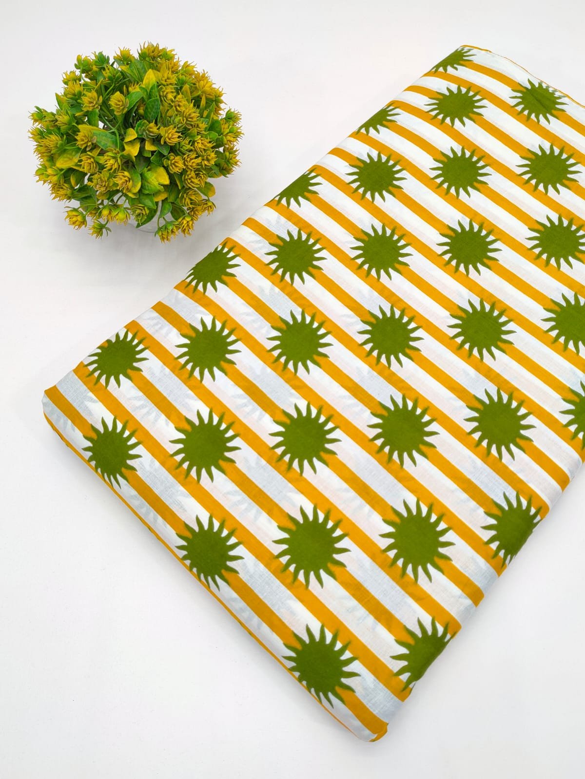 White and Yellow Striped Sun Motif Screen Print Pure Cotton Fabric From Tulsi Prints