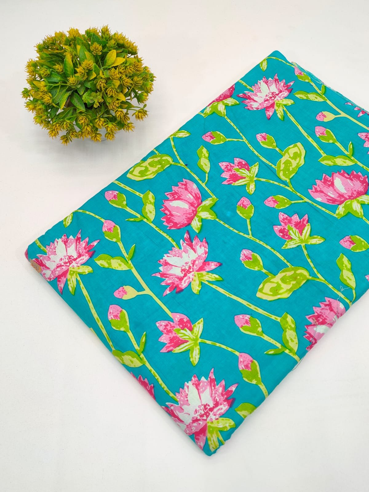 Turquoise Floral Vine Screen Print Pure Cotton Fabric From Tulsi Prints