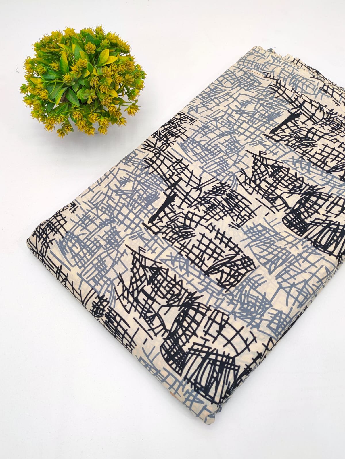 Beige Black Abstract Grid Screen Print Pure Cotton Fabric From Tulsi Prints