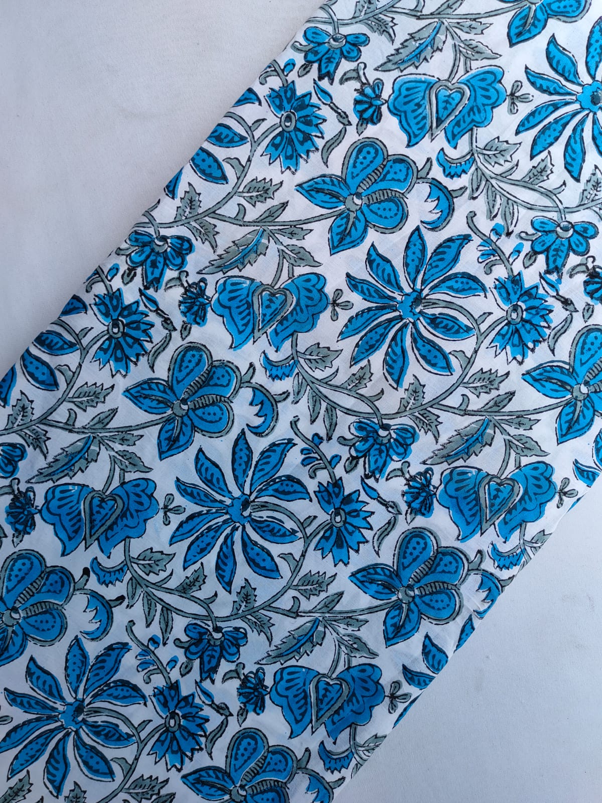 White And Blue Floral Vine Jaipuri Hand Block Print Pure Cotton Fabric From Tulsi Prints