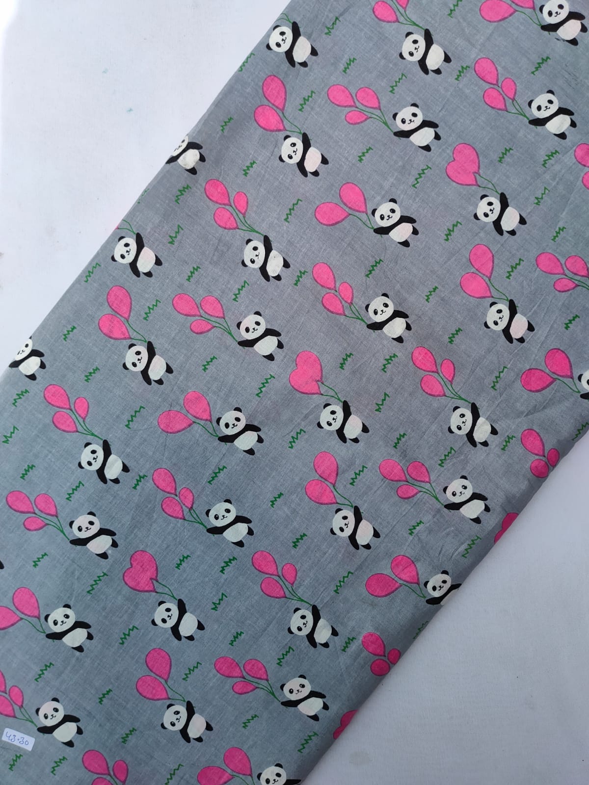 Grey Panda Balloon Screen Print Pure Cotton Fabric From Tulsi Prints