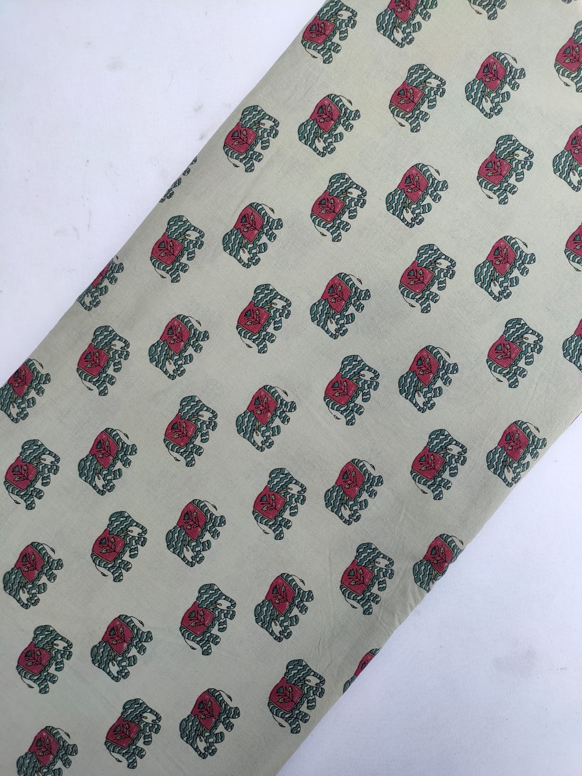 Cream Elephant Motif Screen Print Pure Cotton Fabric From Tulsi Prints