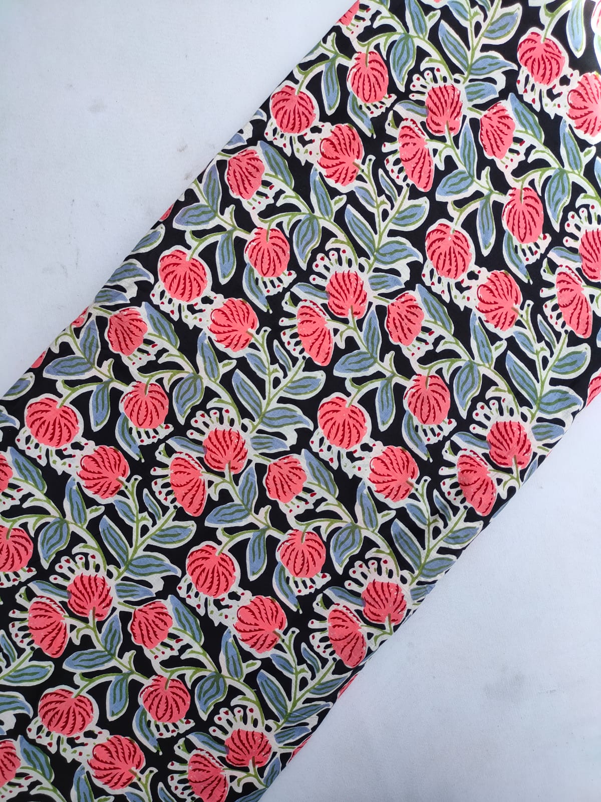 Black Floral Screen Print Pure Cotton Fabric From Tulsi Prints