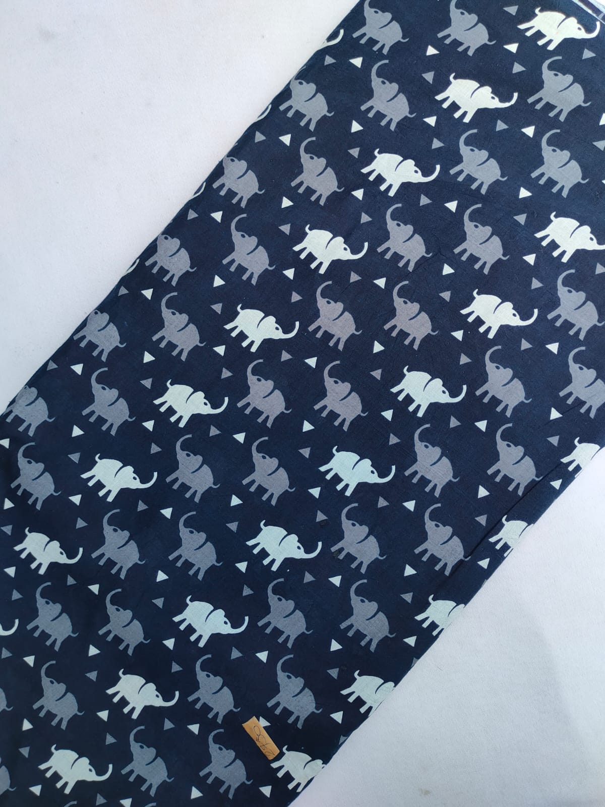 Navy Blue Elephant Motif Screen Print Pure Cotton Fabric From Tulsi Prints