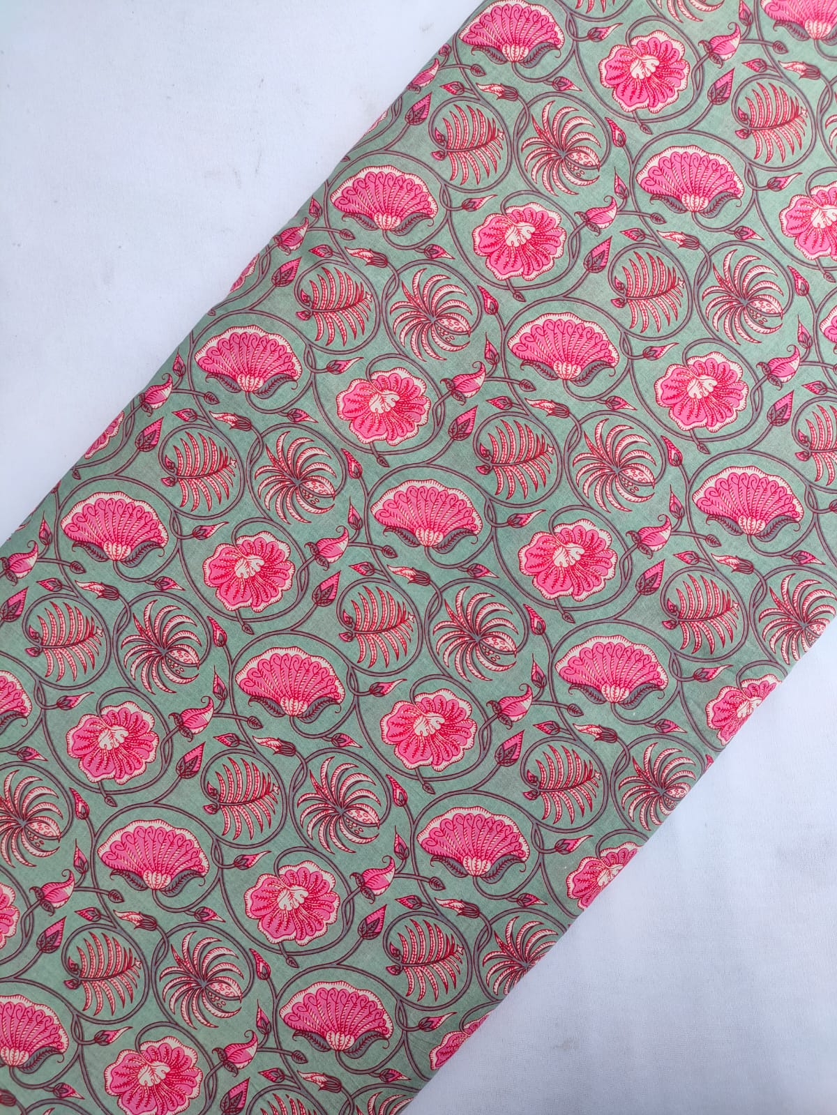 Green Floral Screen Print Pure Cotton Fabric From Tulsi Prints