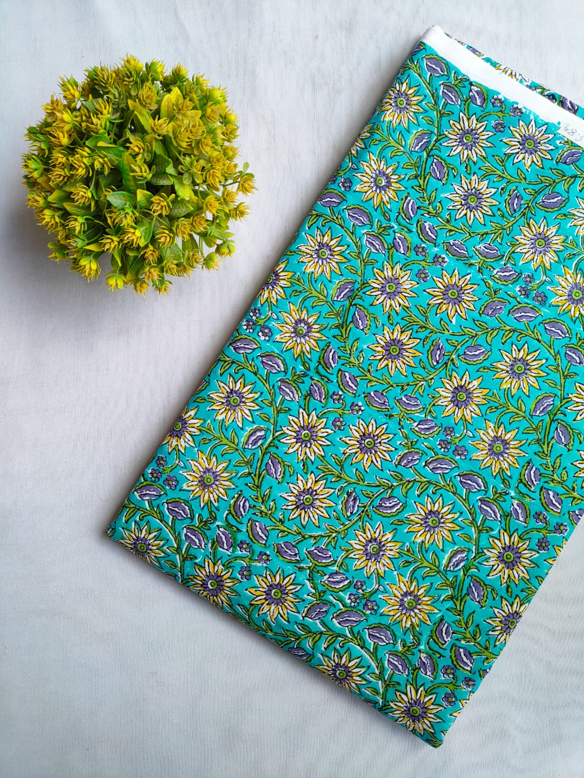 Turquoise Floral Sanganeri Hand Block Print Cotton Fabric From Tulsi Prints