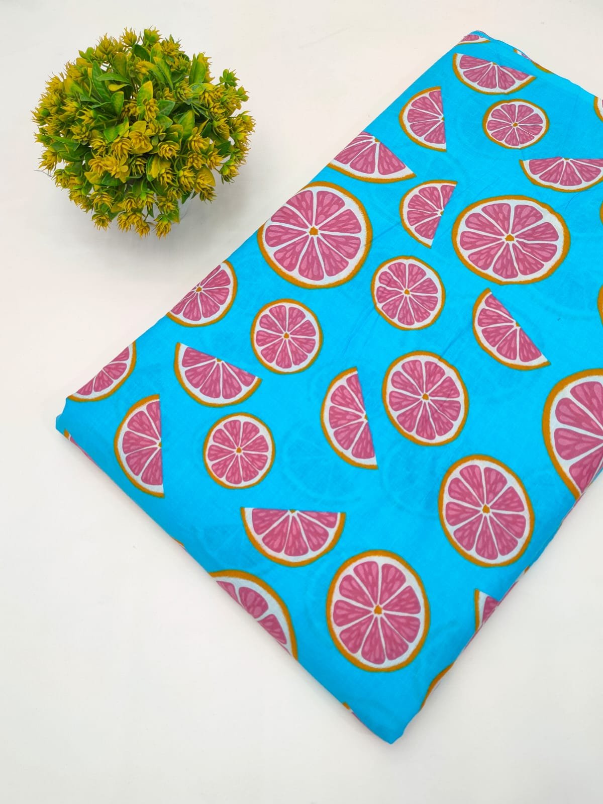 Turquoise Lemon Slice Screen Print Pure Cotton Fabric From Tulsi Prints