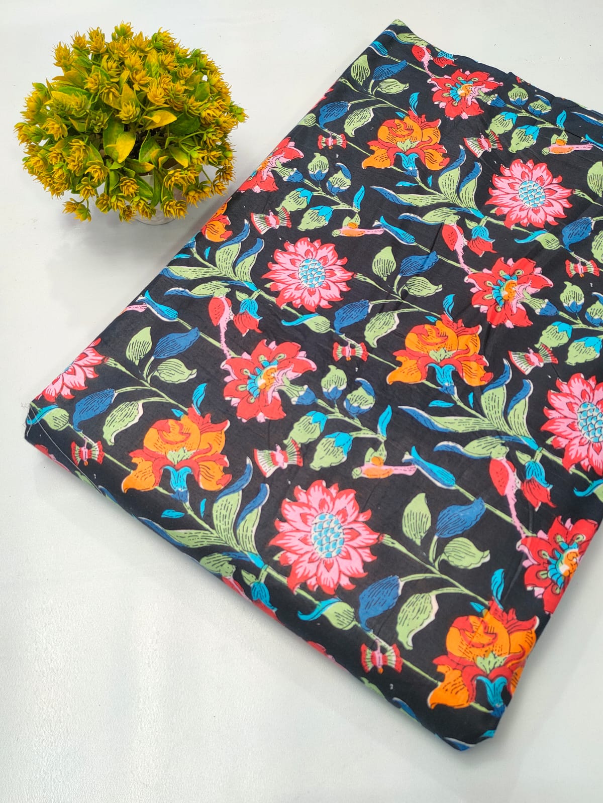 Black Floral Screen Print Pure Cotton Fabric From Tulsi Prints