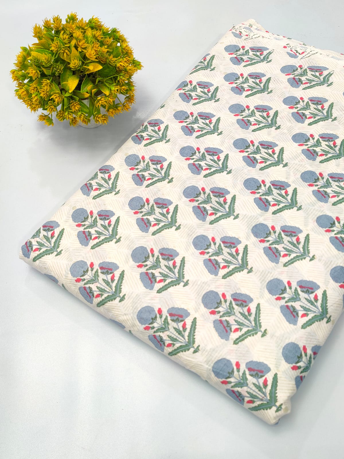 Light Cream Floral Screen Print Pure Cotton Fabric From Tulsi Prints