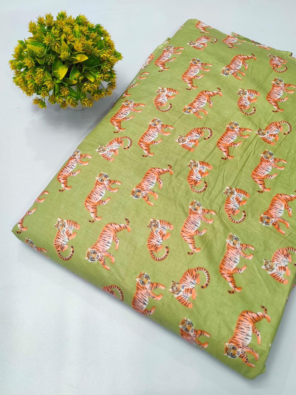 Green Tiger Motif Screen Print Pure Cotton Fabric From Tulsi Prints