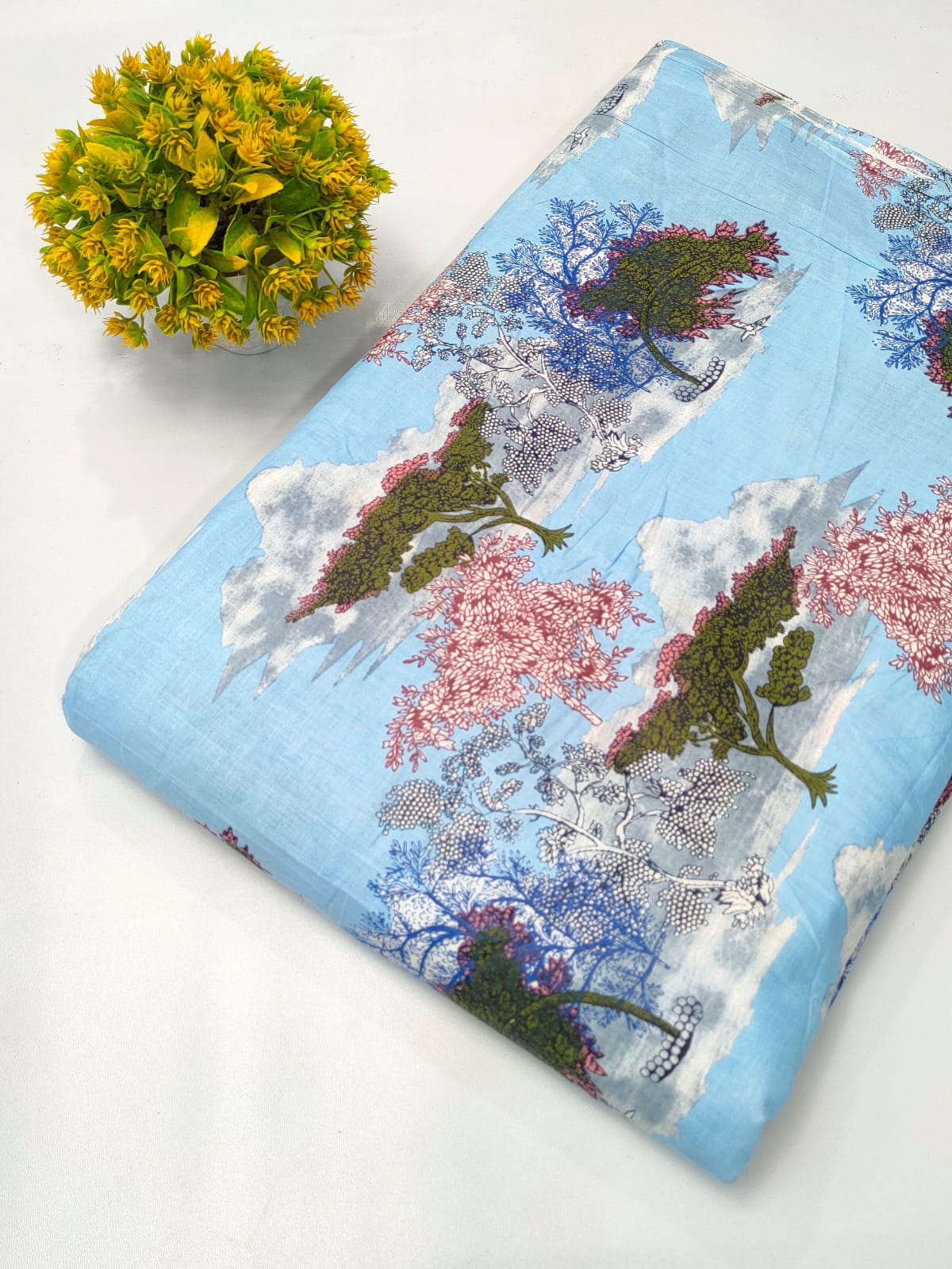 Sky Blue Floral Landscape Screen Print Pure Cotton Fabric From Tulsi Prints