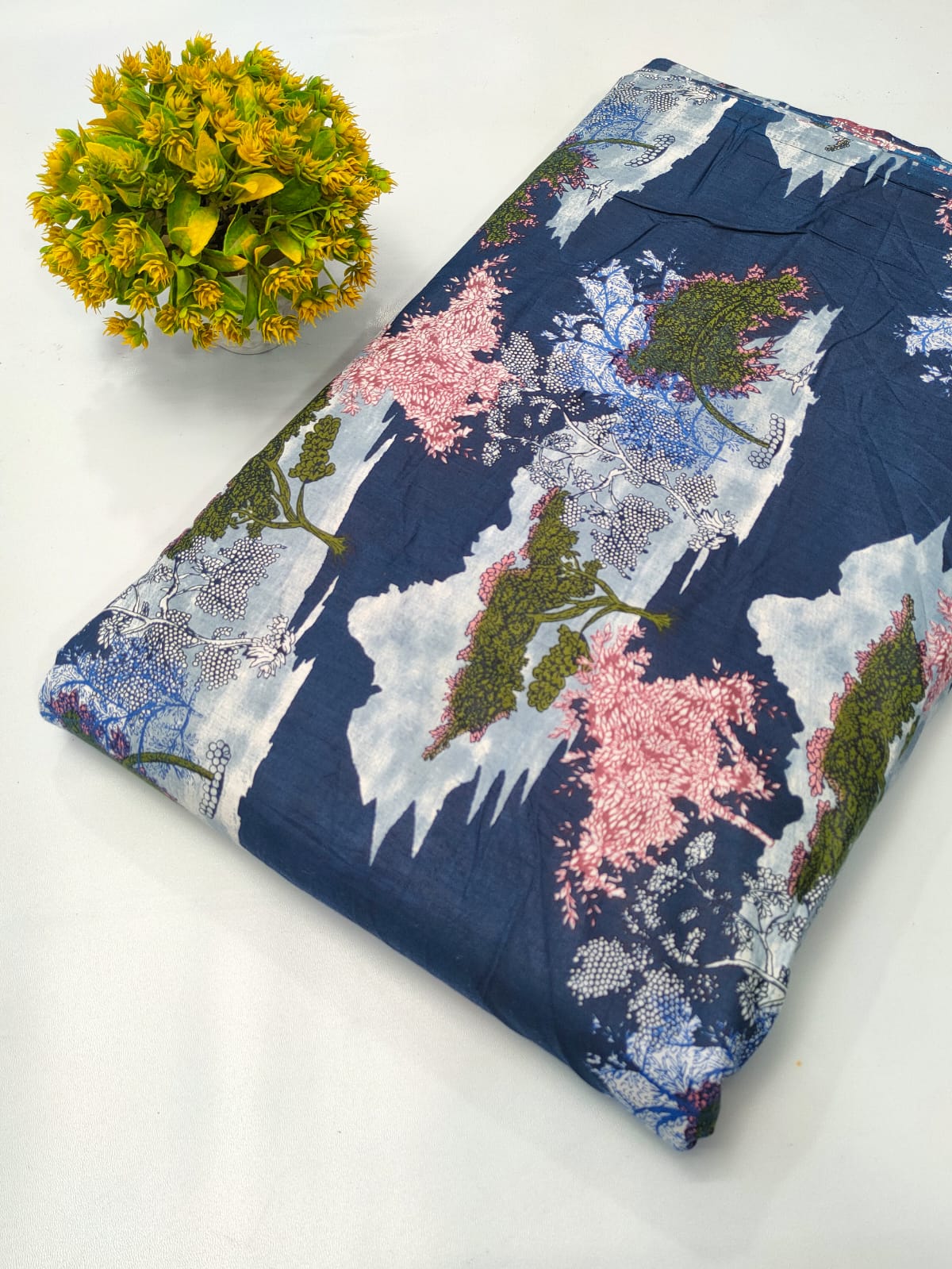 Navy Blue Floral Landscape Screen Print Pure Cotton Fabric From Tulsi Prints
