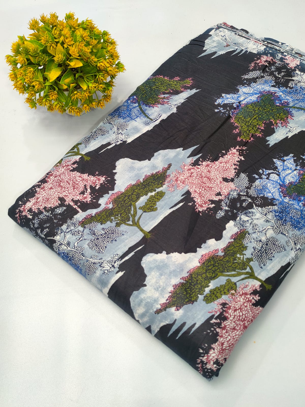 Black Floral Screen Print Pure Cotton Fabric From Tulsi Prints
