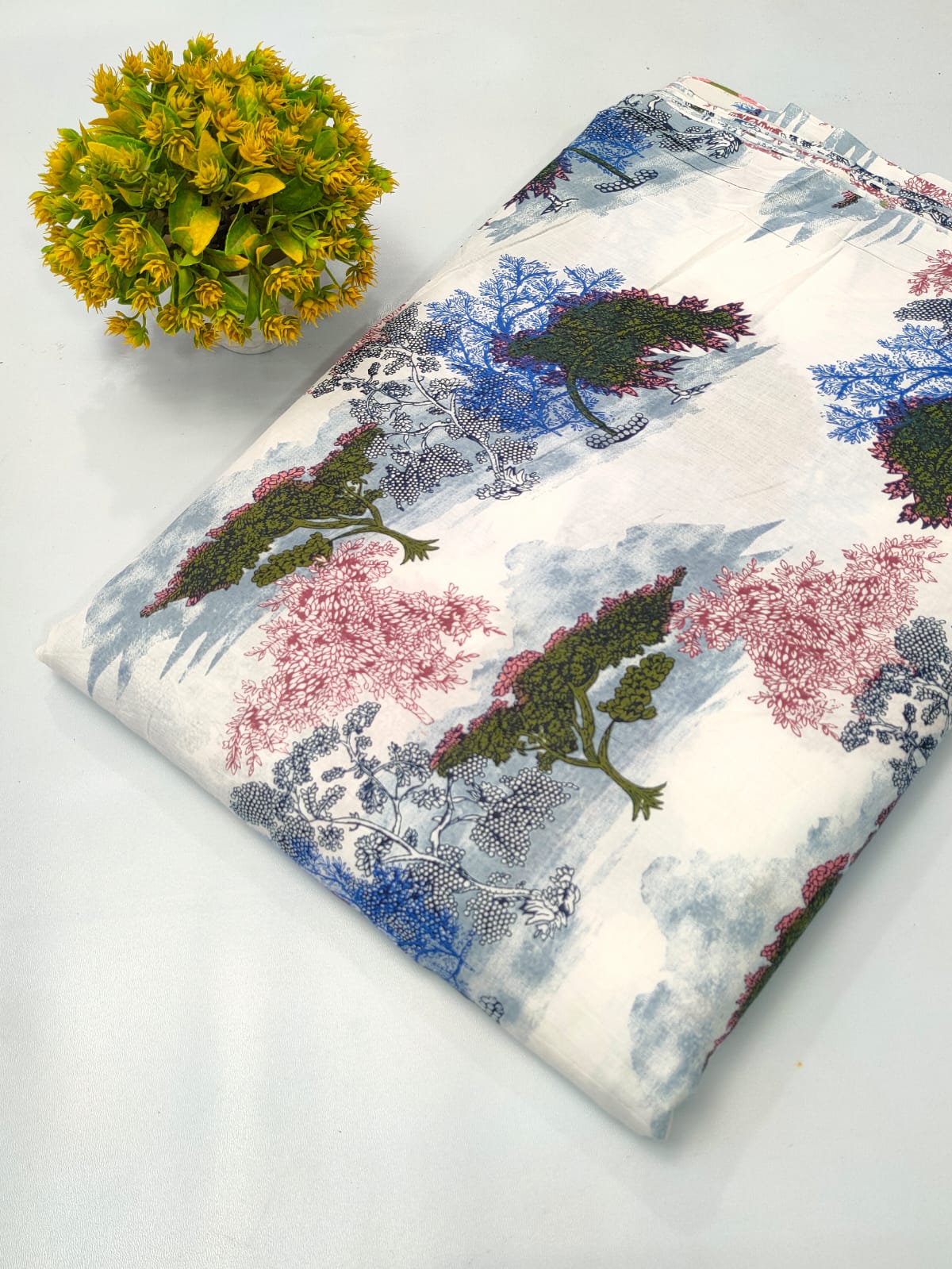 White Blue and Pink Floral Screen Print Pure Cotton Fabric From Tulsi Prints