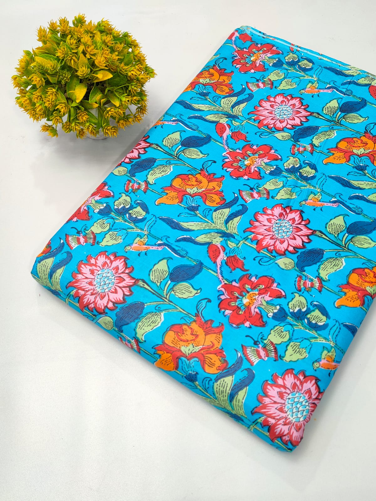 Bright Blue Floral Screen Print Pure Cotton Fabric From Tulsi Prints