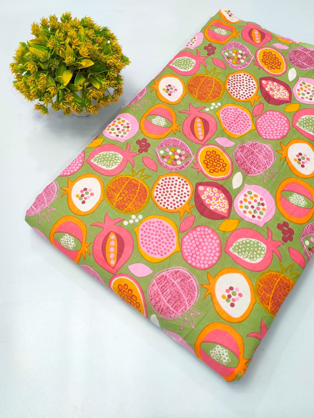 Pink and Orange Pomegranate Screen Print Pure Cotton Fabric From Tulsi Prints