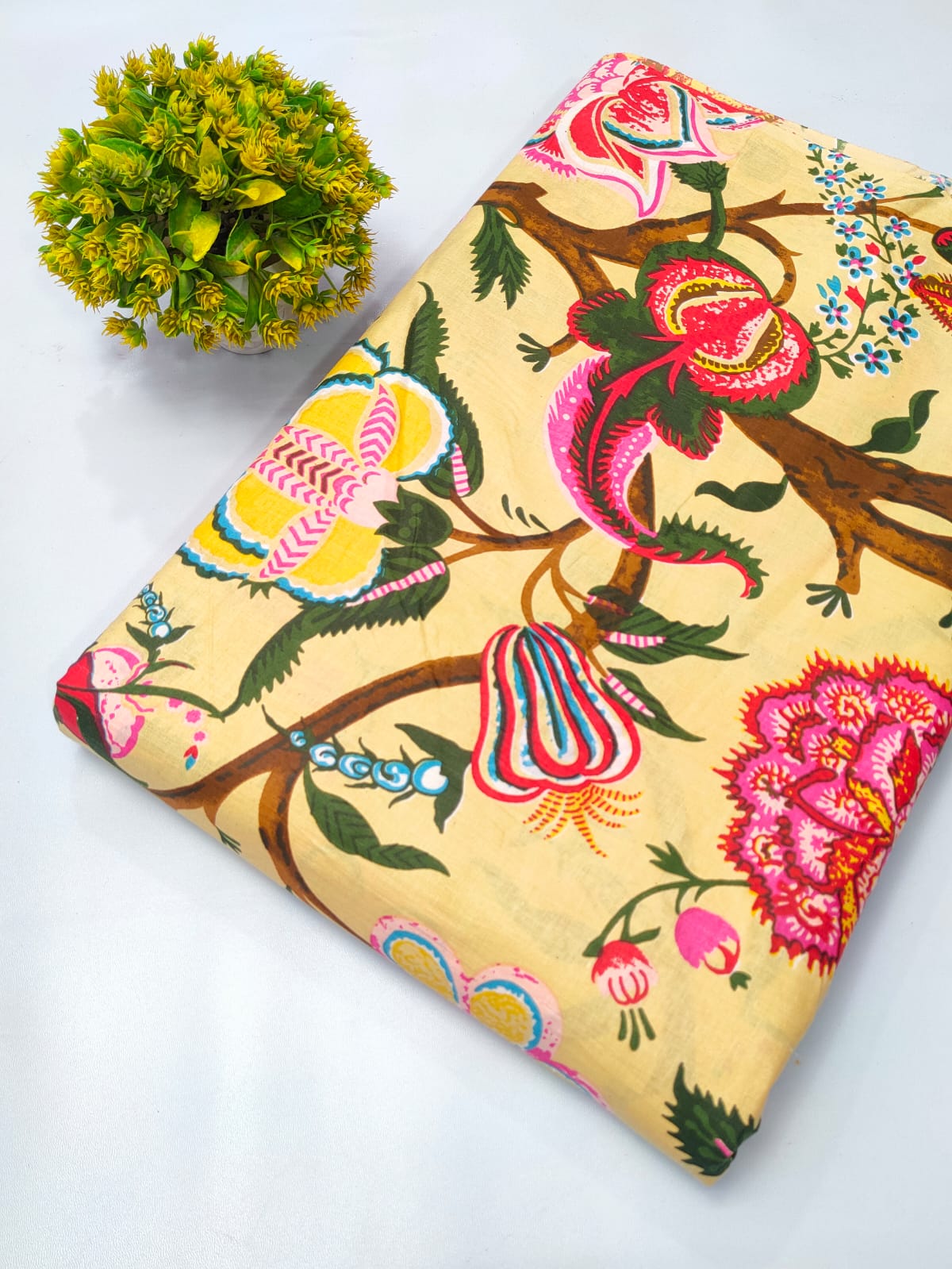 Beige Floral Screen Print Pure Cotton Fabric From Tulsi Prints