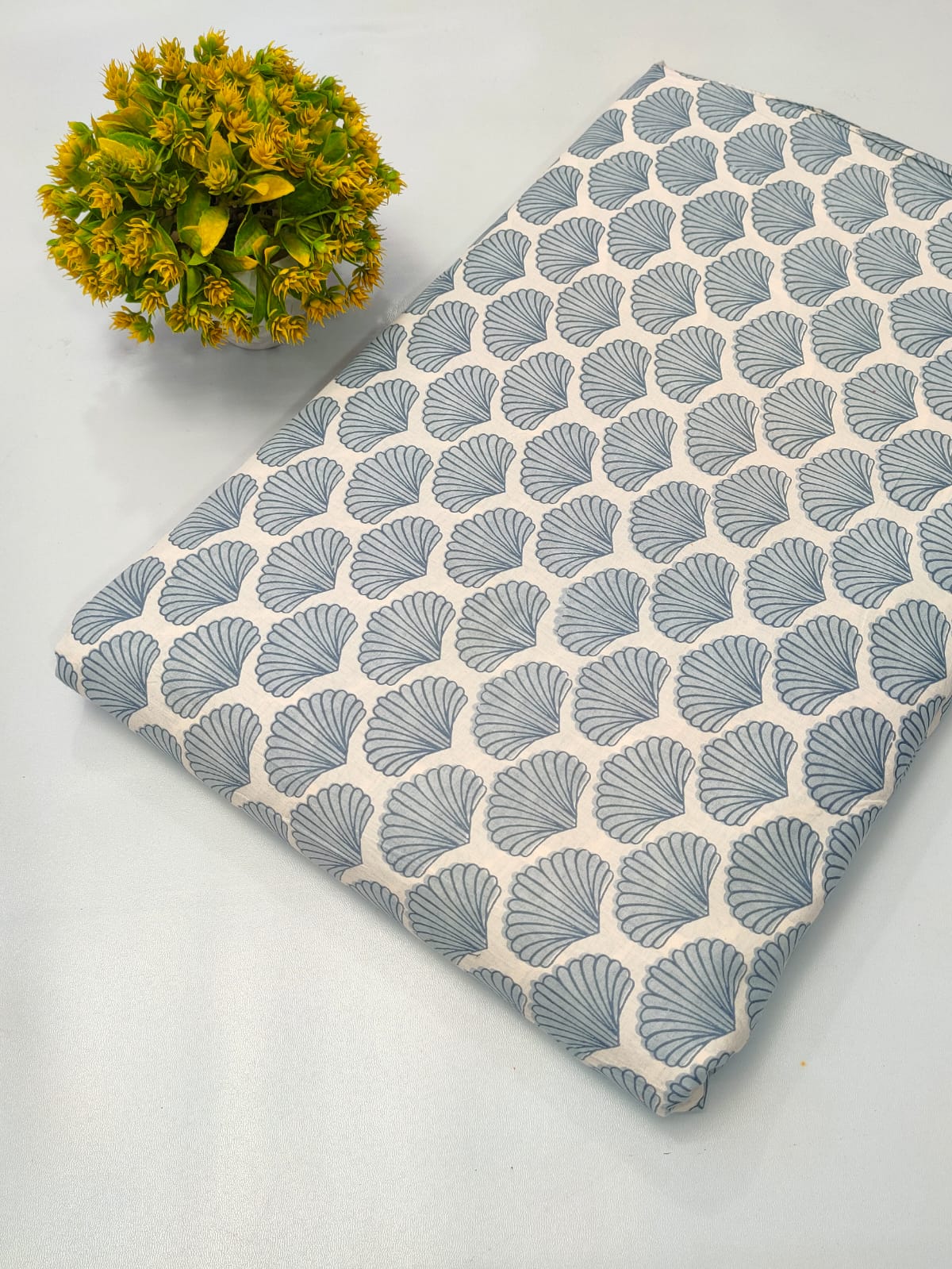 Light Beige Shell Motif Screen Print Pure Cotton Fabric From Tulsi Prints