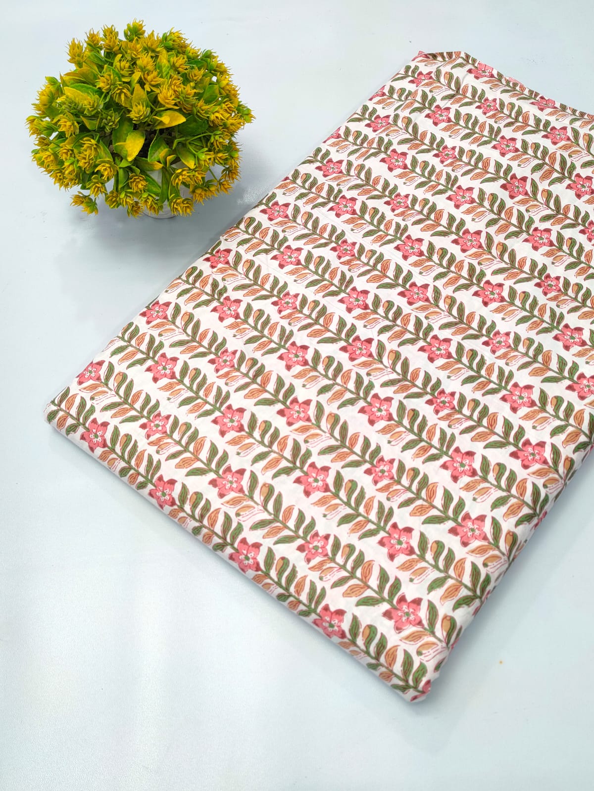 White Floral Leaf Screen Print Pure Cotton Fabric From Tulsi Prints