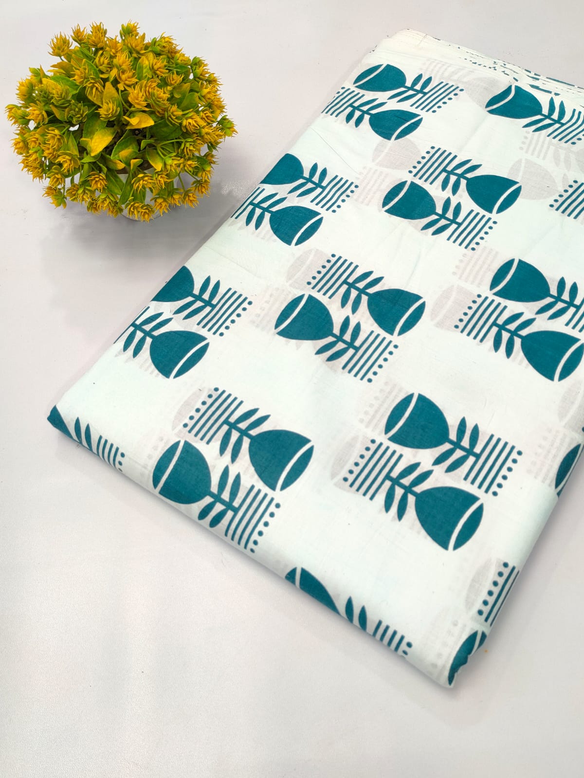 Teal Floral Pot Screen Print Pure Cotton Fabric From Tulsi Prints