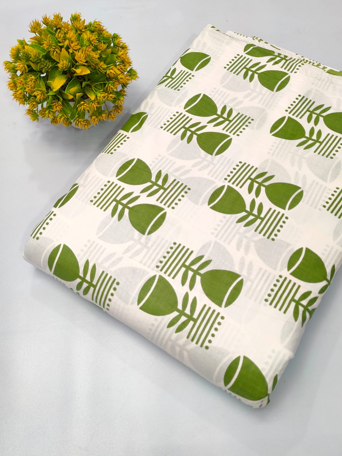White Green Pot and Leaf Screen Print Pure Cotton Fabric From Tulsi Prints